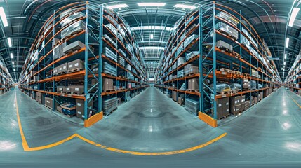 a modern intelligent warehouse , panoramic view, wide-angle lens