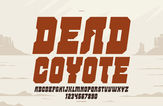 Bold massive italic vector geometric font for logo creation, wild west American style typeface for posters and headlines, western typography like saloon or western typing.