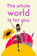 Poster - Collage brochure of adorable girl looking enjoying peace harmony the whole world is for you slogan isolated on drawing background