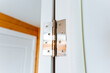 Close up of a hardwood door hinge on a white door with wood stain and varnish