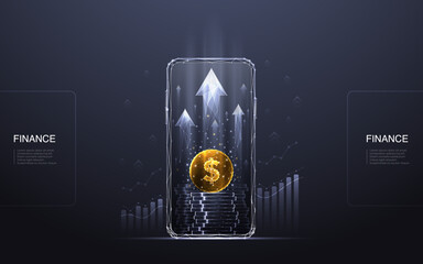 Poster - Abstract digital mobile cellphone with golden dollar coin, coin stack and arrow up on smarthone screen. Growth graph chart on technology dark background. Money increase revenue. Vector illustration.