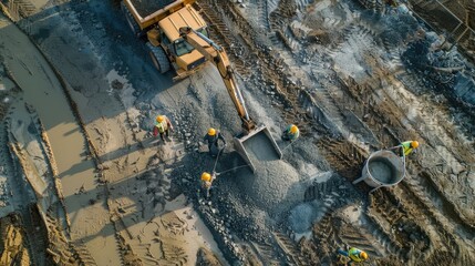 Wall Mural - Industrial construction machinery workers pouring cement concrete using a concrete bucket