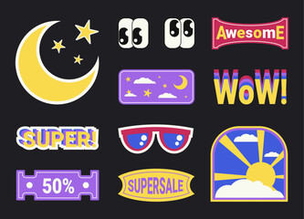 Aufkleber - Y2K sticker set, old fashioned labels and badges in retro graphic style, design elements and decorations. Vector illustration.