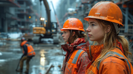 Wall Mural - Side portrait of young construction female engineers, two women, working on site to control the work, wearing orange safety vests and hard hats and workers and machinery working on site in background