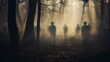Eerie phantom forest with ghostly shadows lurking in defocused blurred background