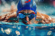 Swimming athlete in goggles and swimming cap in indoor pool lane on competitions