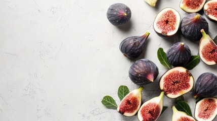 Wall Mural - Fresh figs with leaves on a white textured background. Flat lay composition with copy space. Mediterranean diet and vegetarian food concept. Design for banner, invitation, poster, wallpaper.