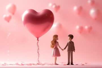 Wall Mural - Heart shaped balloons and cute girl and boy doll on a pink background