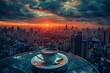 a cup of coffee on a table with a city in the background