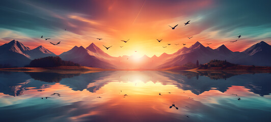 The sunset in the middle of two mountains and the birds fly shaped wallpaper design abstract organic colorful background 20:9, ai generative