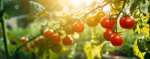  Beautiful ripe tomatoes on branch in amazing sunny garden
