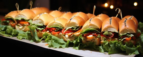 A beautifully decorated catering banquet table with a variety of appetizers and sandwich appetizers at a luxury wedding reception. Serving meals and appetizers in the restaurant. 