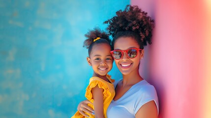 Wall Mural - Portrait of afro american mother and daughter in sunglasses on blue background. Mother's day