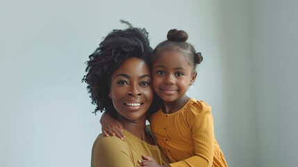 Wall Mural - Portrait of happy African American mother and daughter looking at camera and smiling. Mother's day