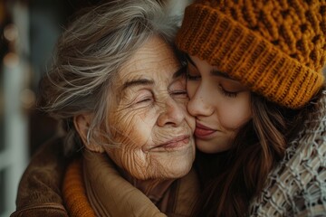 Wall Mural - Portrait of a cute little girl kissing her grandmother in the cheek. Mother's day