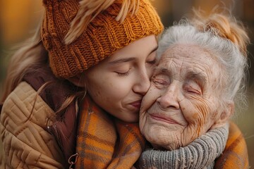 Wall Mural - Portrait of a cute little girl kissing her grandmother in the cheek. Mother's day