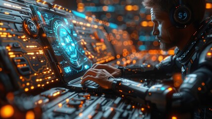 Poster - AI, Artificial Intelligence, Development, Technology, laptop, keyboard, innovation, intelligence, typing. A modern businessman typing on the laptop with the HUD showing AI Technology Chip Set.