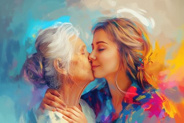 Wall Mural - Portrait of a beautiful mother and daughter kissing. Colorful background. Mother's day