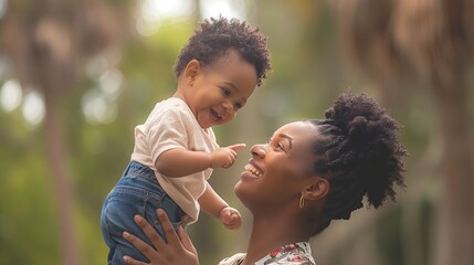 Wall Mural - Portrait of happy african american mother and baby in park. Mother's day