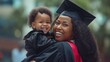 © Katsiaryna - happy african american mother and daughter in graduation cap on green background. Mother's day