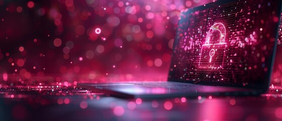 Poster - Low poly wireframe  illustration of a lock on the screen of a laptop. Digital data secure concept. Starry sky with shapes, lines, and points. Polygonal notebook and lock.
