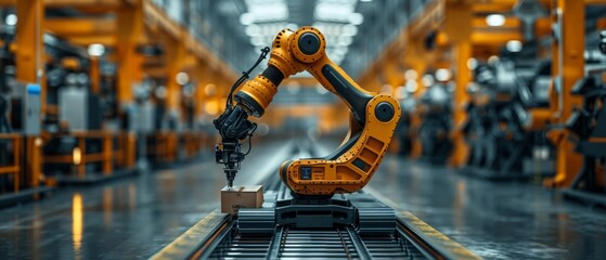 Poster - Industrial robots with AI work on smart warehouses. Robots place boxes on pallets, automate logistics, and store products. Smart factory robot with AI. Business concept.