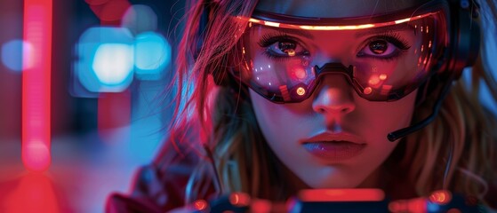 Poster - Beautiful cyborg woman holding game pass for computer video games, digital entertainment. Female robot with banner splash with text video game pass for gaming console. Gamers banner.