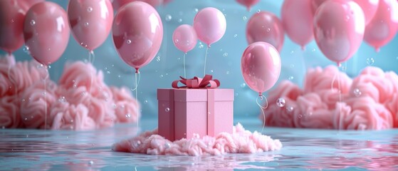 Canvas Print - The present box is floating on a pastel background surrounded by balloons. 3D rendering.