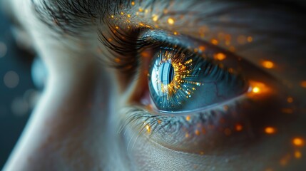 Poster - An abstract image visual of a young man's eye and technology, smart contact lens display, iris verification, wearable computing, wearing an abstract image based on a visual abstraction