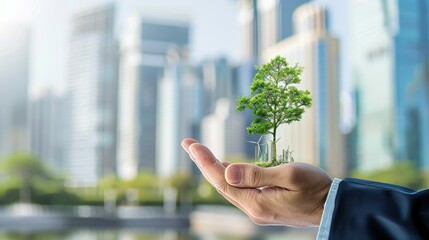 Fototapete - A businessman presents a concept for sustainable development in front of an office building