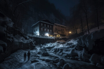 Two people near a snowy, rocky stream at night, with a warmly lit building in the misty, mountainous background, ai generative