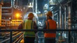 © pinkrabbit - Industrial workers in safety vests and hard hats collaborating on a project, engineer, industrial, safety, construction, factory, building, development, architect, production