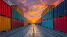Colorful shipping containers at sunset. Generative AI image