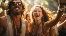 A Bohemian Couple In High Spirits, Laughing And Dancing Amidst A Festival Crowd, Embodying The Carefree Essence Of A Hippie Party. Generative AI