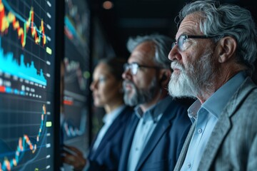 Wall Mural - Three men are looking at a computer screen with graphs on it