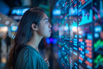 A woman is looking at a computer screen with many numbers and graphs