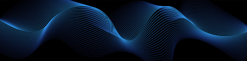 Poster - Vector wavy lines smooth curve flowing dynamic blue gradient light. Blue abstract lines. Sound waves on black background for your design. Vector EPS 10