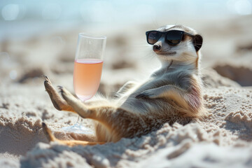 Wall Mural - A happy meerkat on the beach, relaxing with a glass of drink in his paws.