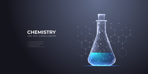 Aufkleber - Chemistry glass lab flask with chemical blue liquid. Science beaker on chemical formula on dark background. Digital laboratory tube. Science and lab concept. 3D vector polygonal 3d illustration.