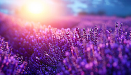 Poster - Smooth rows of lavender plants. Lavender blooming flowers bright purple field blue sky sunset. Last rays of sun. Lens flare. Lavender Oil Production. Aromatherapy Lavandin