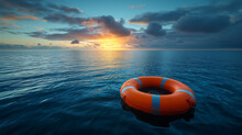 An Orange Lifebuoy Floats On The Open Sea, Symbolizing Safety And Hope Under The Vast Sky