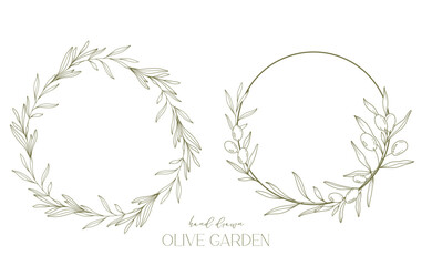 Poster - Olives Line Drawing. Black and white Olive Frame. Olive Wreath Isolated. Floral Line Art. Fine Line Olive  illustration. Black and white Olive Branches. Hand Drawn Olive. Wedding invitation greenery