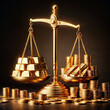© stock AI cool cool - Gold bars on a golden scale and gold coins, finance, gold value, gold purchasing rate