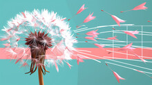 Dandelion With Flying Seeds On A Mint Green Background. Digital Art Concept Of Change And Transformation, Design For Wall Art, Environmental And Nature Themes