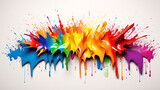 Fototapeta  - A rainbow of paint splatters against a white wall, each droplet a burst of energy and creativity