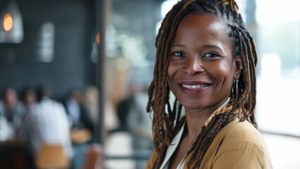 Sticker - Smiling woman with dreadlocks enjoys the casual ambiance of a bustling café.