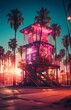 A beautiful sunset on the beach building house with neon lighting
