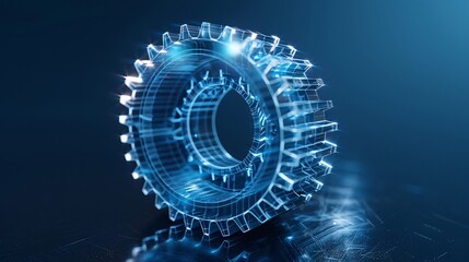 Wall Mural - 3D wireframe illustration of a gear on a dark blue background. Mechanical technology, industry development, engine work are machine engineering symbols.