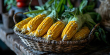 A Bunch Of Shucked Corn In A Wooden Basket On The Table