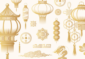 Wall Mural - Golden chinese lanterns collection. Hand drawn isolated set of Feng Shui symbols and decor elements isolated on white background. Vector illustration for greeting cards and print. 